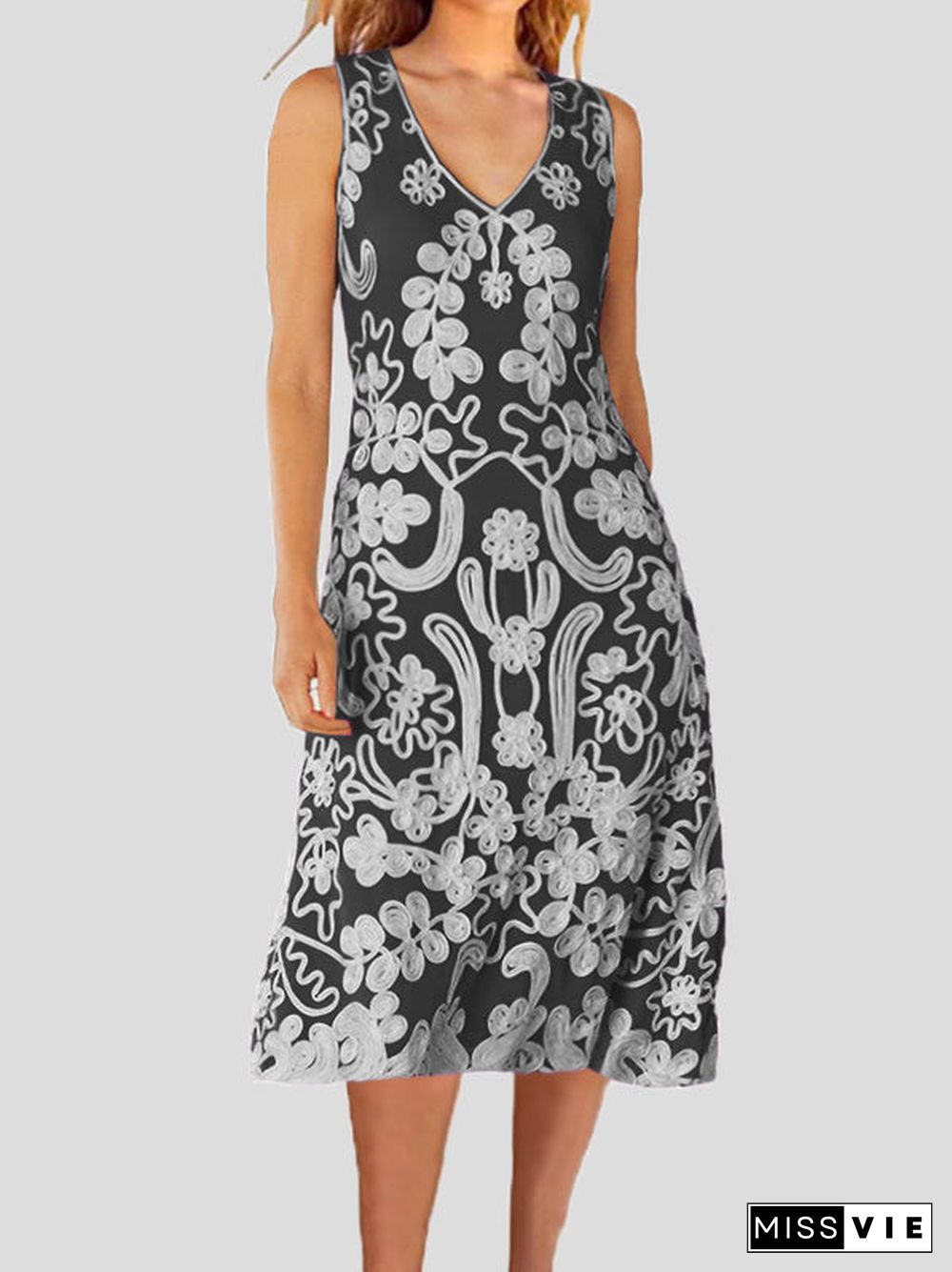 Women'S Dresses Loose Vintage Print Sleeveless Dress