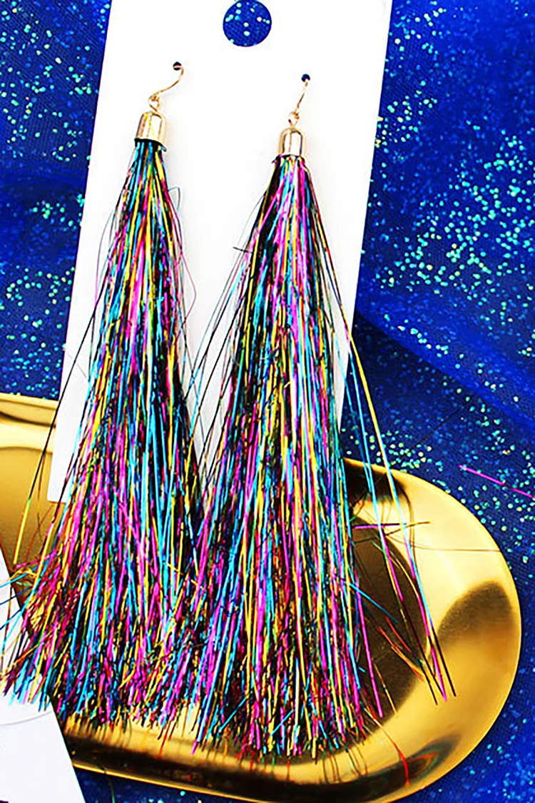 Tinsel Long Fringe Iridescent Laser Festival Earrings