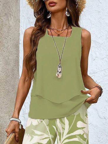 Women's Sleeveless Square Collar Floral Printed Casual Set