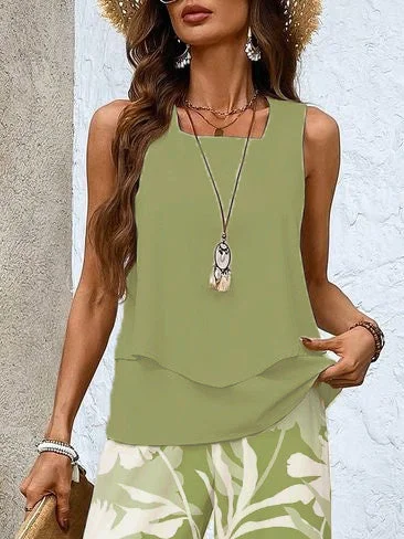 Women's Sleeveless Square Collar Floral Printed Casual Set