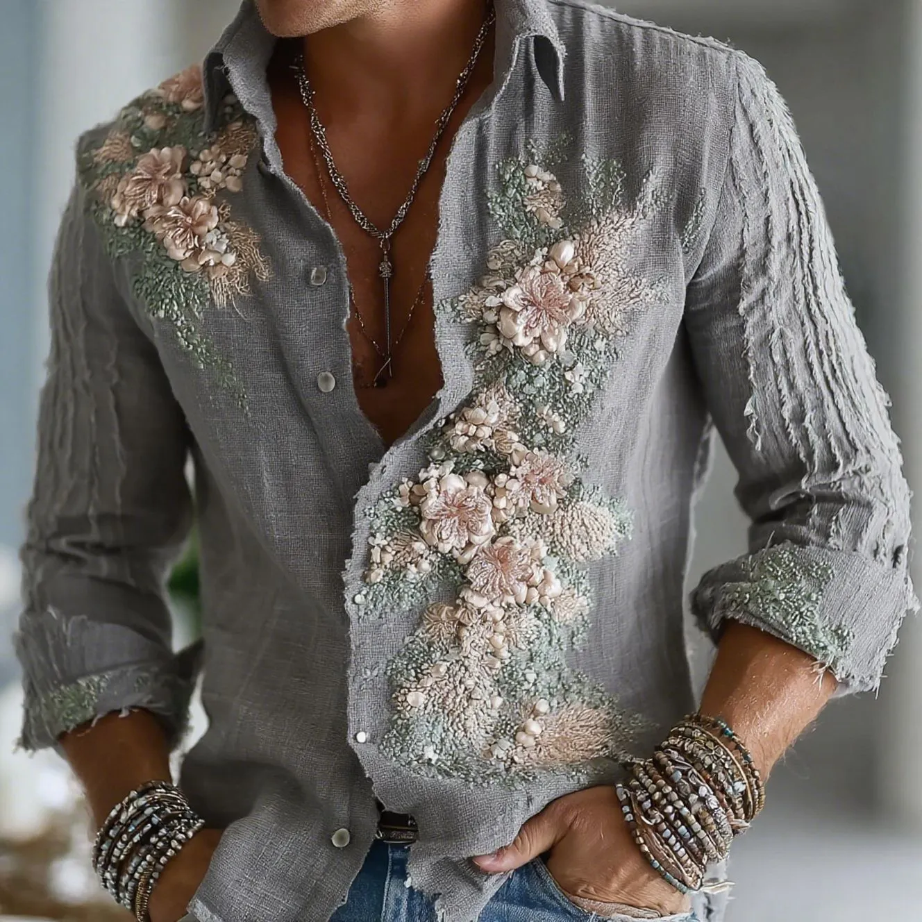 Men's Floral Embroidered Art Long Sleeve Linen Blend Shirt elevenforest