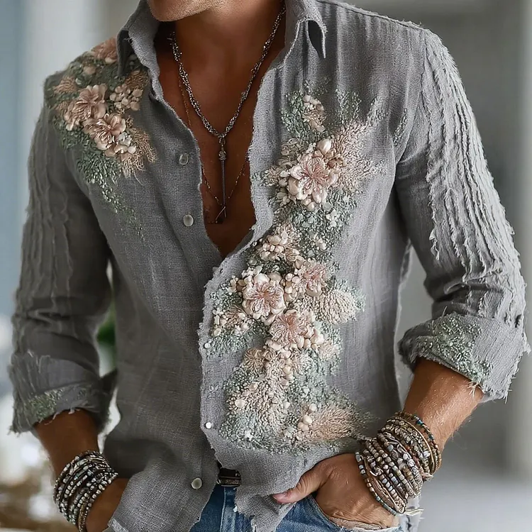Men's Floral Embroidered Art Long Sleeve Linen Blend Shirt