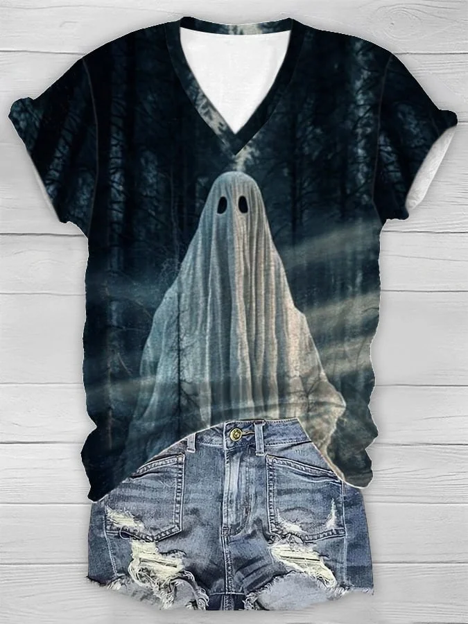 Halloween Women's Ghost Print Short Sleeve T-Shirt