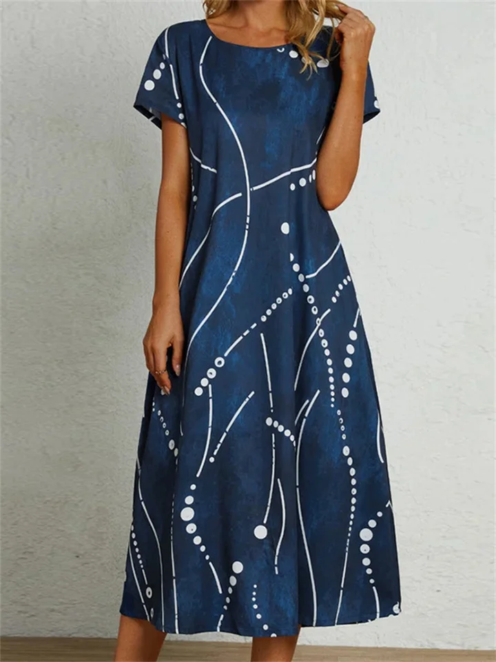 Loose A-line Short-sleeved Printed Dress Round Neck Fashion Long Dress Blue White