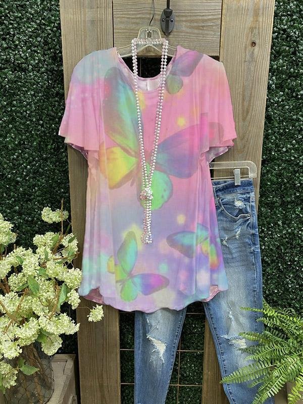 Butterfly Print Crew Neck Short Sleeve Cotton-Blend Shirts & Tops-Mayoulove