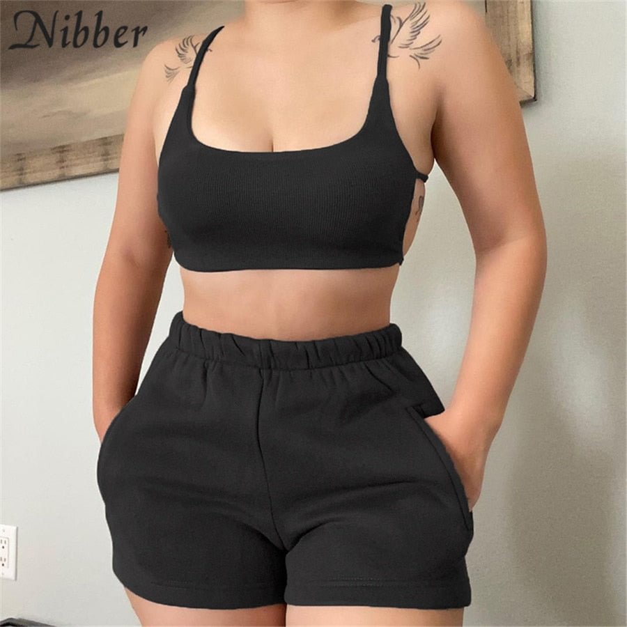 Nibber Casual Solid Sportswear 2 Two Piece Sets Women Crop Top And skinny Elastic Force Shorts 2021 Summer Athleisure Outfits