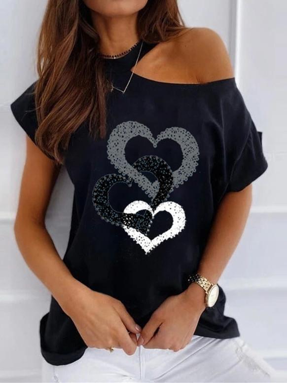 Women Short Sleeve Cold Shoulder Scoop Neck Printed Loose Top