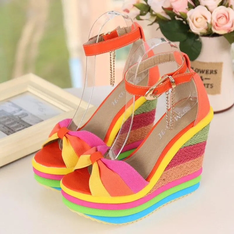 2021 Summer New Platform Wedge Sandals For Women's With Splicing Rainbow Color Weave Fish Mouth High Heels