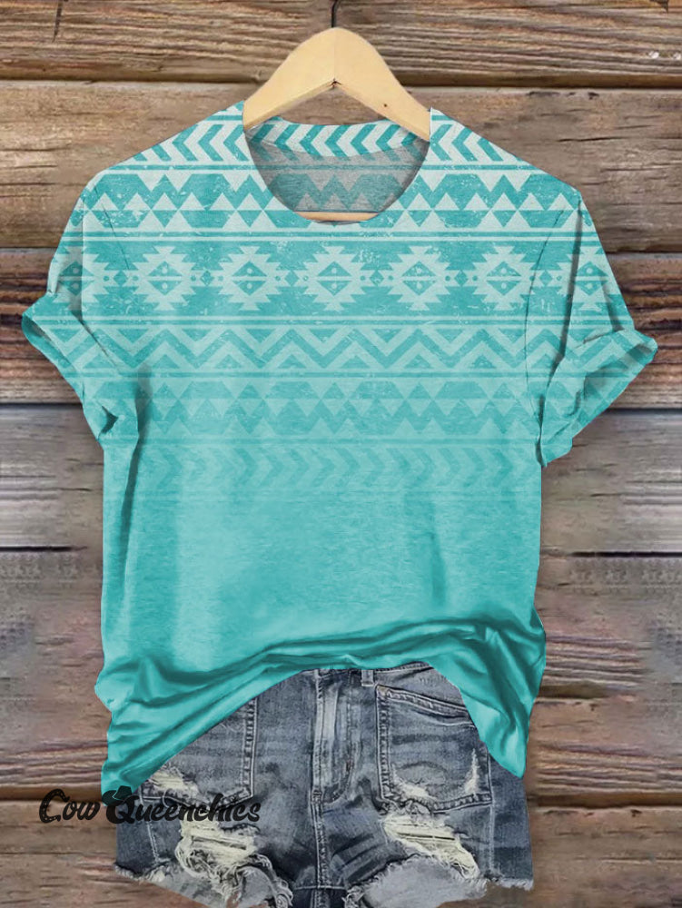 Turquoise Vintage Western Aztec Print T-shirt Multicolor / S