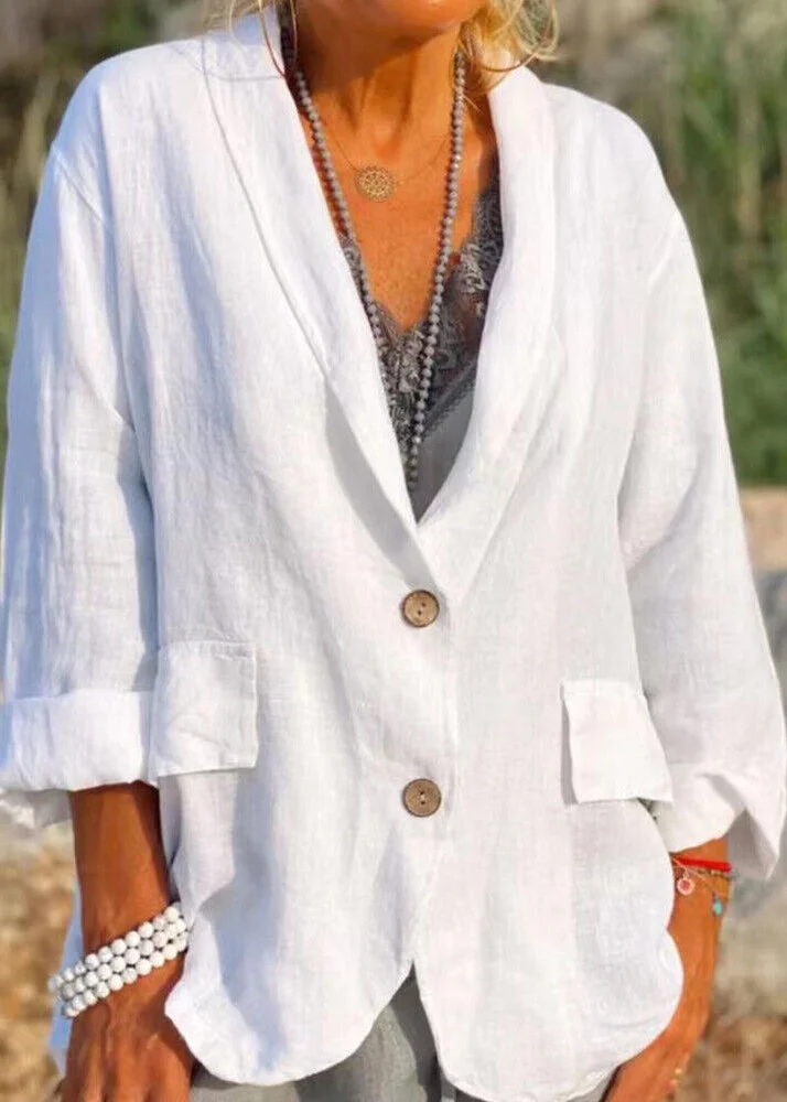 Casual White Pockets Button Plus Size Cotton Coats Fall