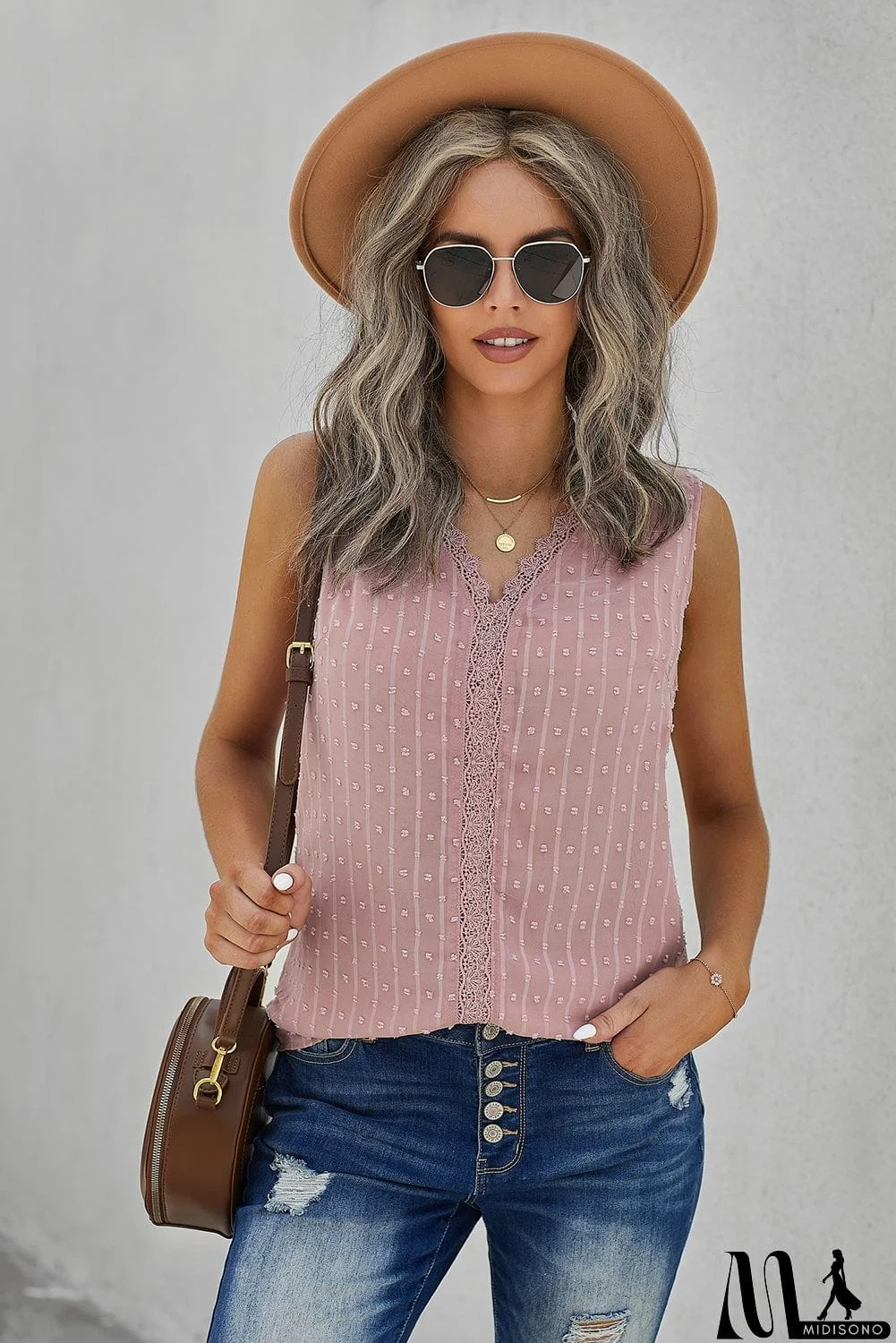 MidiSono - Crochet V Neck Textured Tank Top