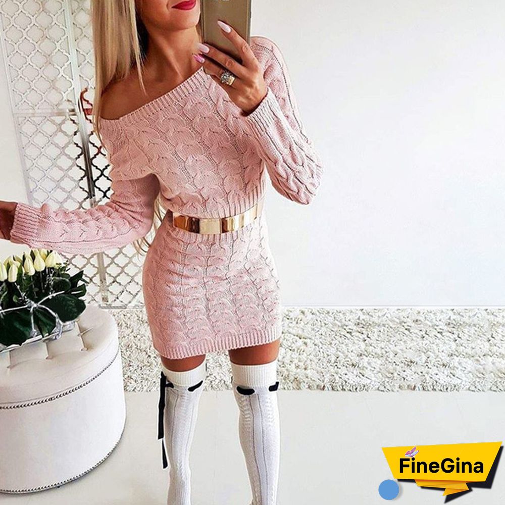 4 Color Spring Autumn New Women Fashion Long Sleeve Off Shoulder Knit Sweater Dress Plus Size Women Mini Dress Plus Size S-3XL