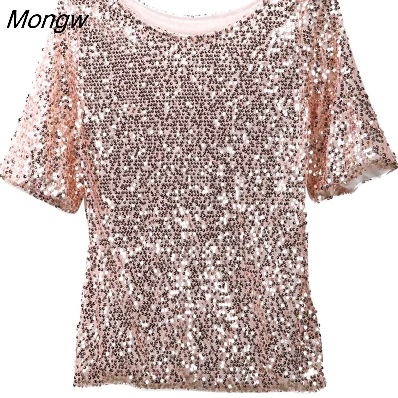 Mongw Off-shoulder Sexy Slim Loose Shirt Top Glistening Sequin T-shirt Tshirts Tees Boutique