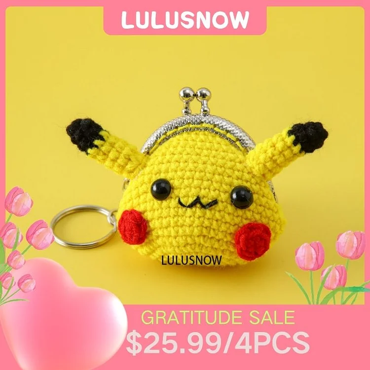 Lulusnow Handmade Yellow Pikachu ANIMAL CARTOON Small Money Pouch Crochet Coin Purse Keychain Bag Pendant Gift for Her/Friend/Kids/Christmas/Easter