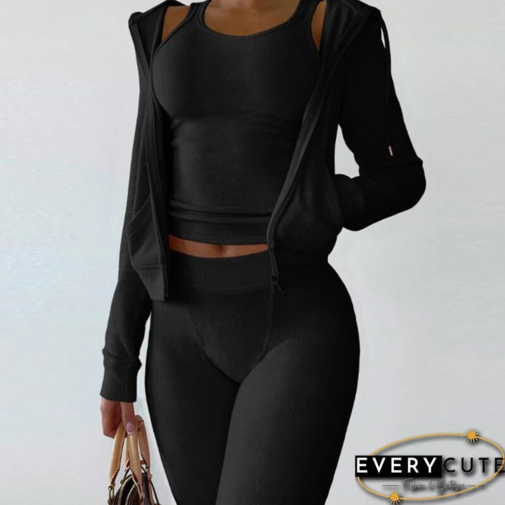 Casual Ladies Sport Suit Fashion Sleeveless O-Neck Tank Top + Long Sleeve Zip Hooded Coat + Pencil Pants Set Slim 3 Piece Sets