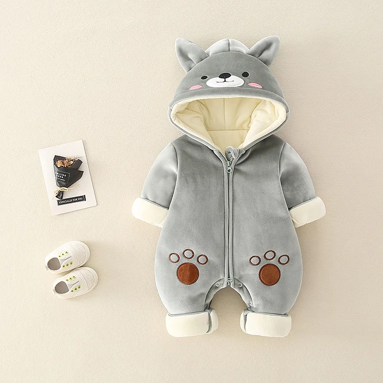 Baby Boy/Girl 3D Bear Patch Hooded Long Sleeve Fluff Romper