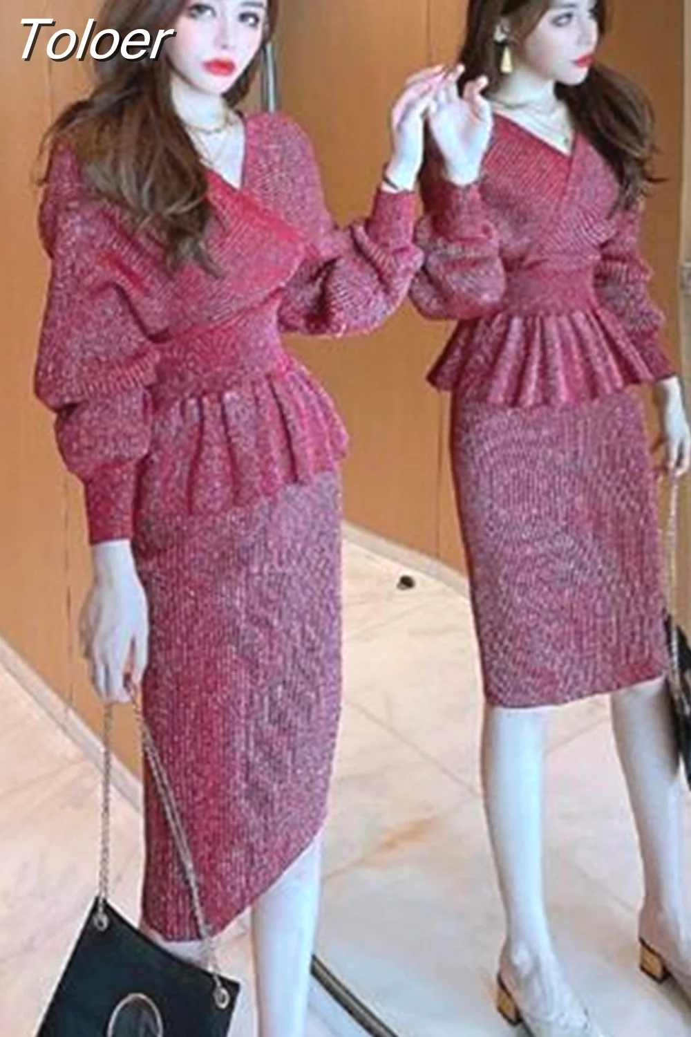 Toloer Temperament Outfits Fashion Korean 2 Piece Set for Women V-neck Ruffles Pullovers Tops Bodycon Skirts Suit Korean Chic Knit Sets