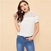 SHEIN White Lace Insert Flower Applique Keyhole Back Solid Top Blouse Women Office Lady Short Sleeve Summer Elegant Blouses
