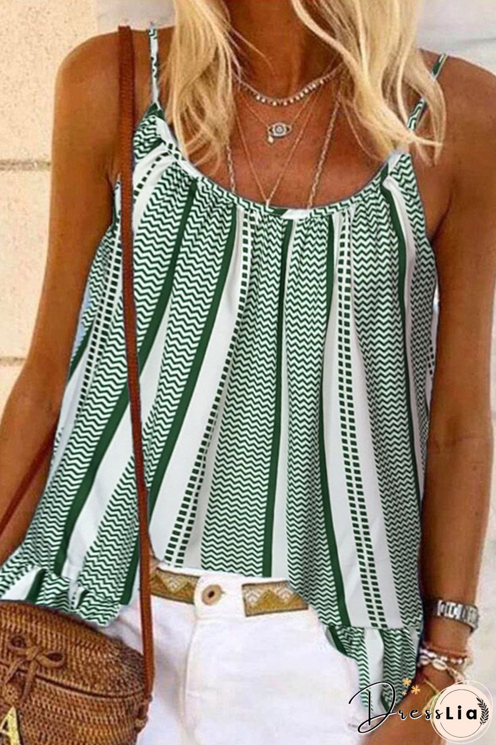 Fashion Casual Print Split Joint Spaghetti Strap Tops