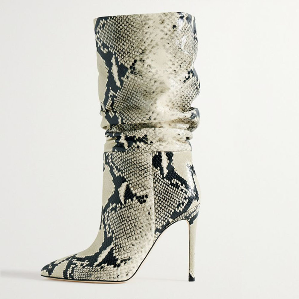 Women's Python Print Pointed Toe Slouch Boots with Stiletto Heels