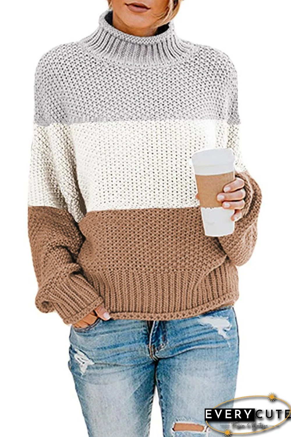 Multicolor Oversized Chunky Batwing Long Sleeve Turtleneck Sweater