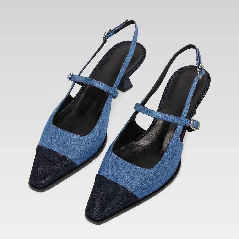 Blue and Navy Denim Square Toe Buckle Kitten Heel Slingback Pumps Nicepairs