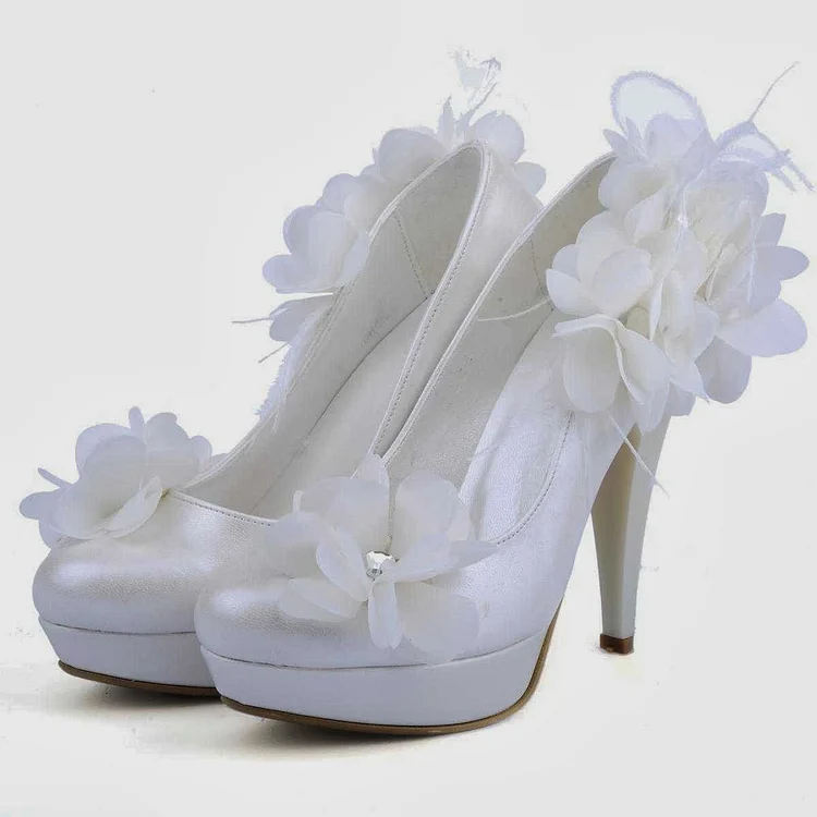 Satin White Bridal Platform Heels with Flower Pumps Vdcoo