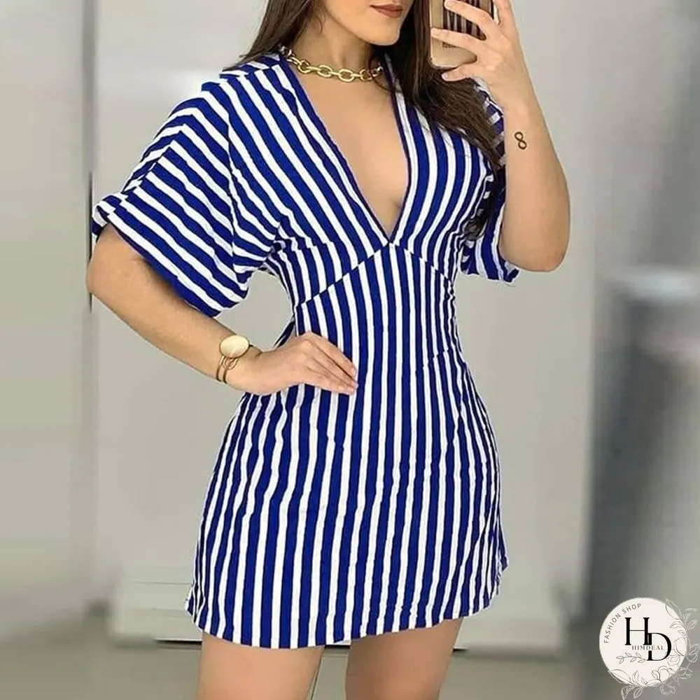 V-neck Tight Waist Backless Dress Casual Vacation Print Women Stripe Length Sleeve Style