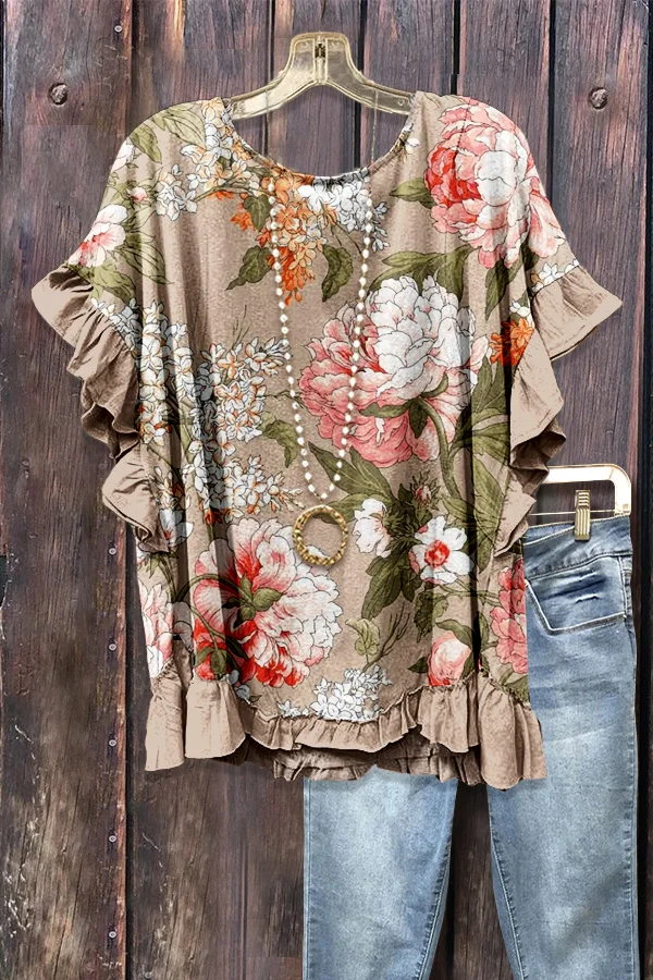 Vintage Floral Print Ruffle Trim Top