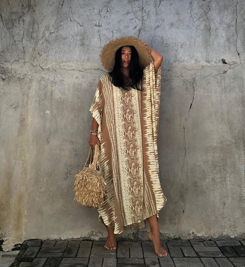 Fitshinling Bohemian Vintage Oversized Dress Women High Split Sexy Maxi Dresses Beach Cover Up Sashes Holiday Serpentine Kaftan