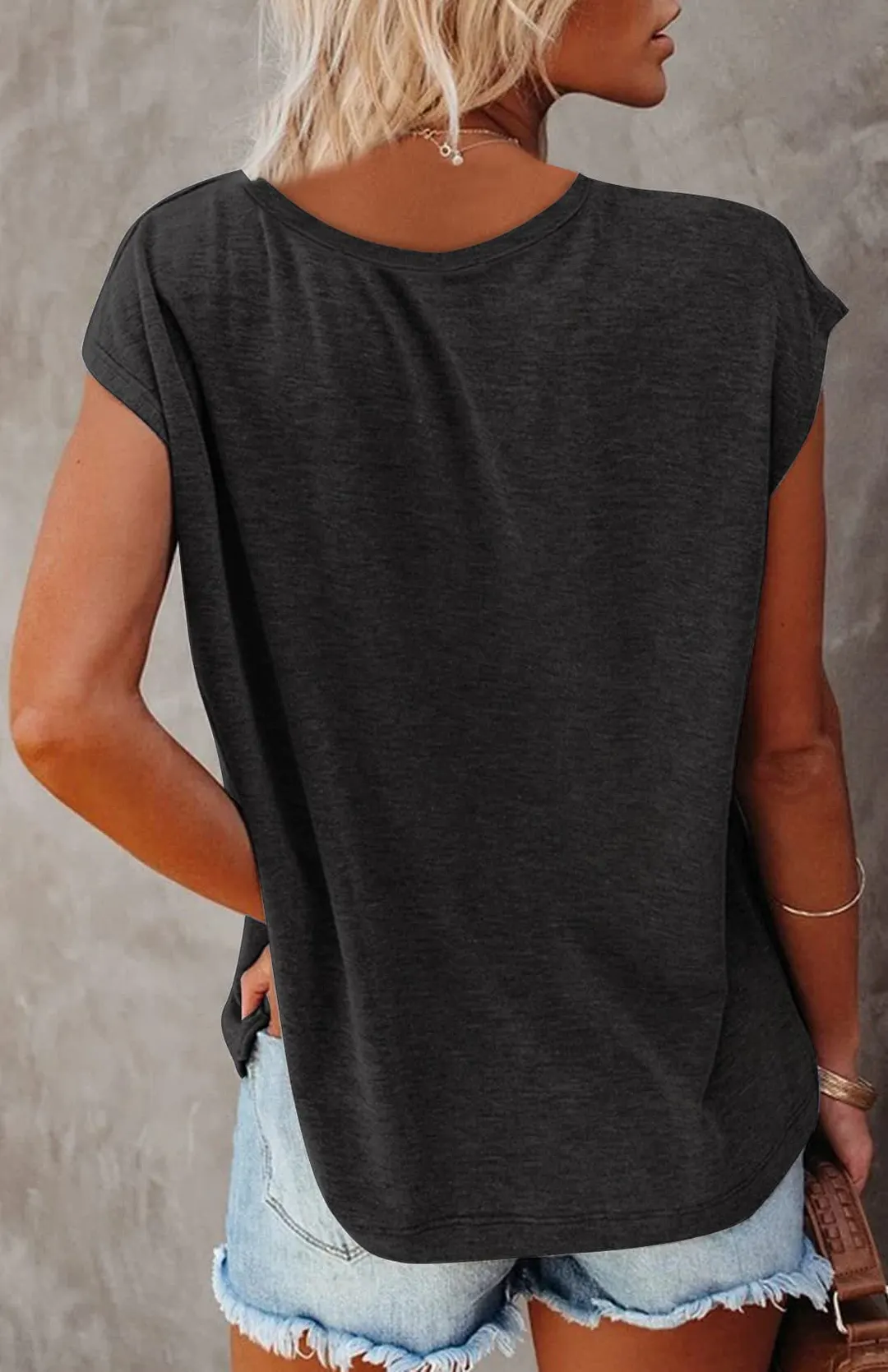 Brownm Color V-neck Cotton Blend Casual Loose Sleeveless Top Women's T-shirt