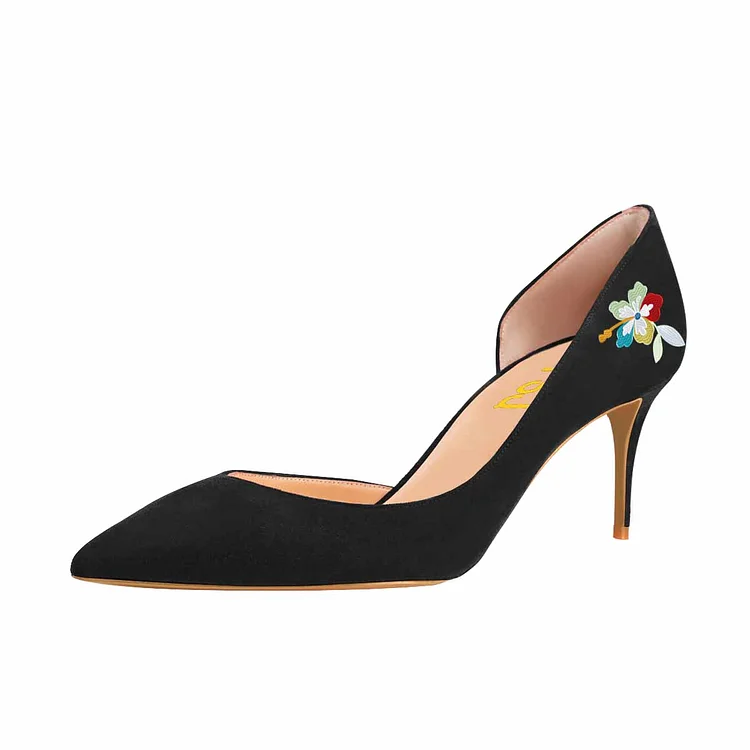 Women's Lelia Black Flora Print Pointy Toe Stiletto Heels Vegan Suede D'orsay Pumps |FSJ Shoes