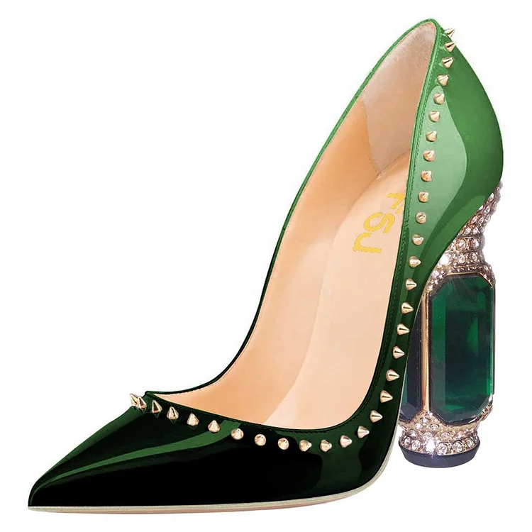 Green Rivet Patent Leather Heels Rhinestone Chunky Heel Pumps |FSJ Shoes