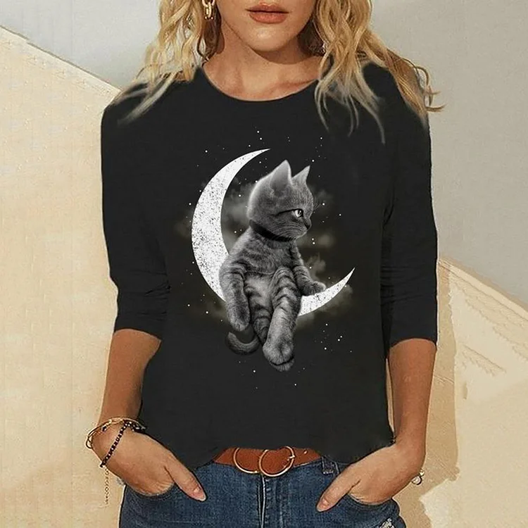 Vefave Simple Cartoon Cat Moon Print Long Sleeve T-Shirt