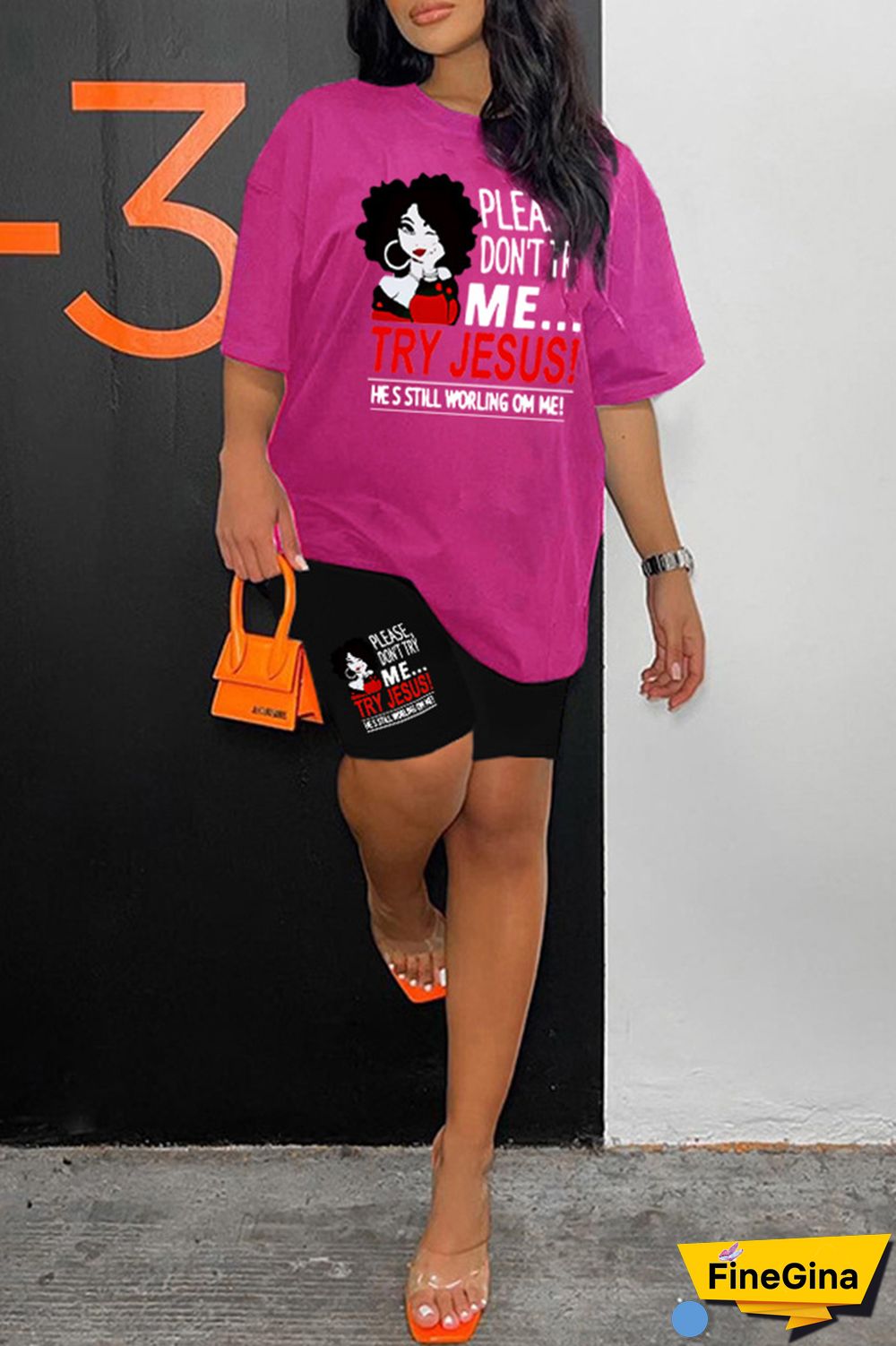 Pink Casual Print Basic O Neck Short Sleeve Two Pieces