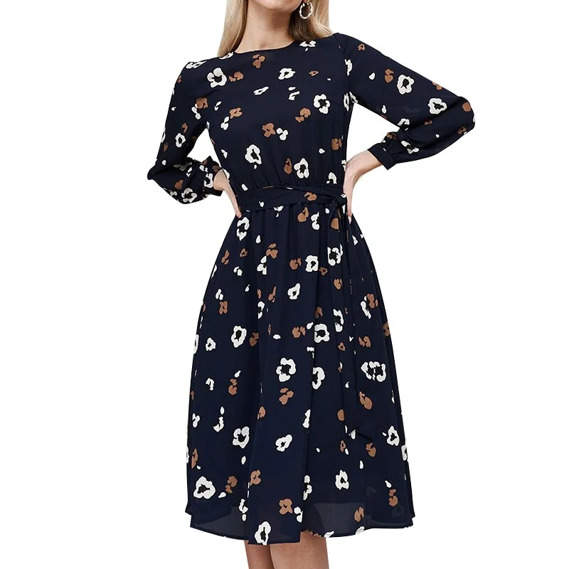 Jangj S.FLAVOR Long Sleeve Vintage Dresses For Women 2022 Autumn Elegant O-neck A-line Floral Print Dress Slim Party Vestidos