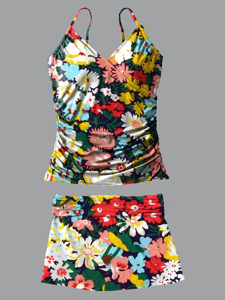 Colorful Flower V-Neck Vintage Flowers Print Suspender Skirt Tankini Pantskirt Set Swimsuit
