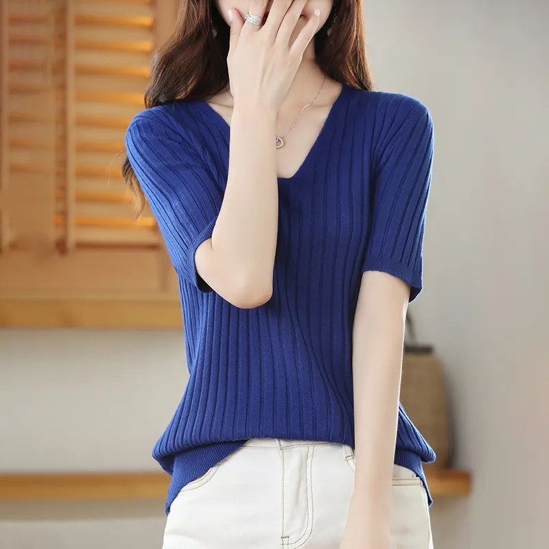 Churchf Churchf The Summer Of 2024, Women's Knit Short Sleeve Korean V-Neck Solid Color T-Shirt And A Pit Top