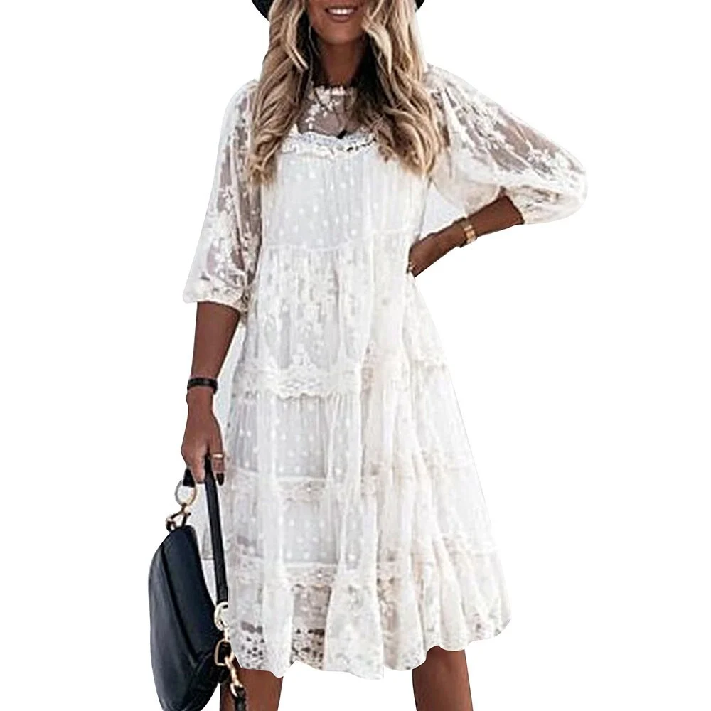 Summer  V-neck Lace Party Dress Women Elegant Mesh Patchwork Three Quarter Sleeve Dress Spring Ruffle Mini Dress Vestido D30
