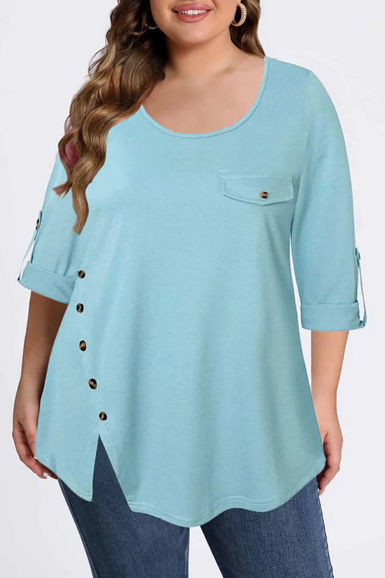 Flycurvy Plus Size Casual Light Blue Asymmetrical Hem Fake Pocket Roll Tab Sleeve Blouses
