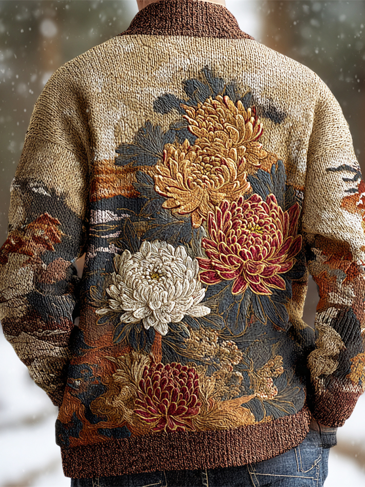 Vintage Japanese Chrysanthemum Embroidered Men's Knit Cardigan  artssus