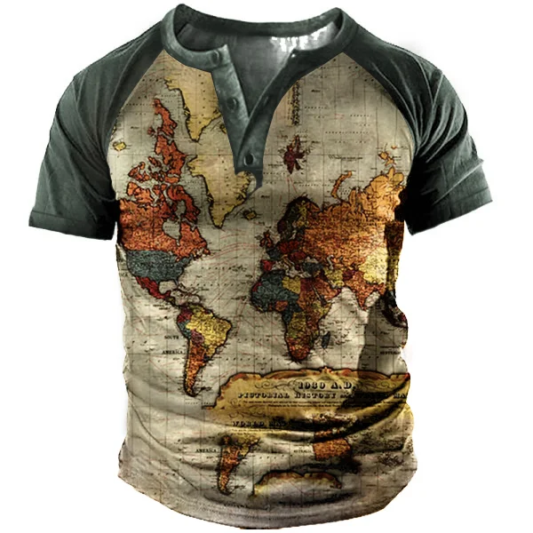 Countdown World Map Men's Henley Collar T-Shirt