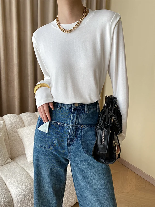 Long Sleeves Solid Color Split-Joint Round-Neck T-Shirts Tops