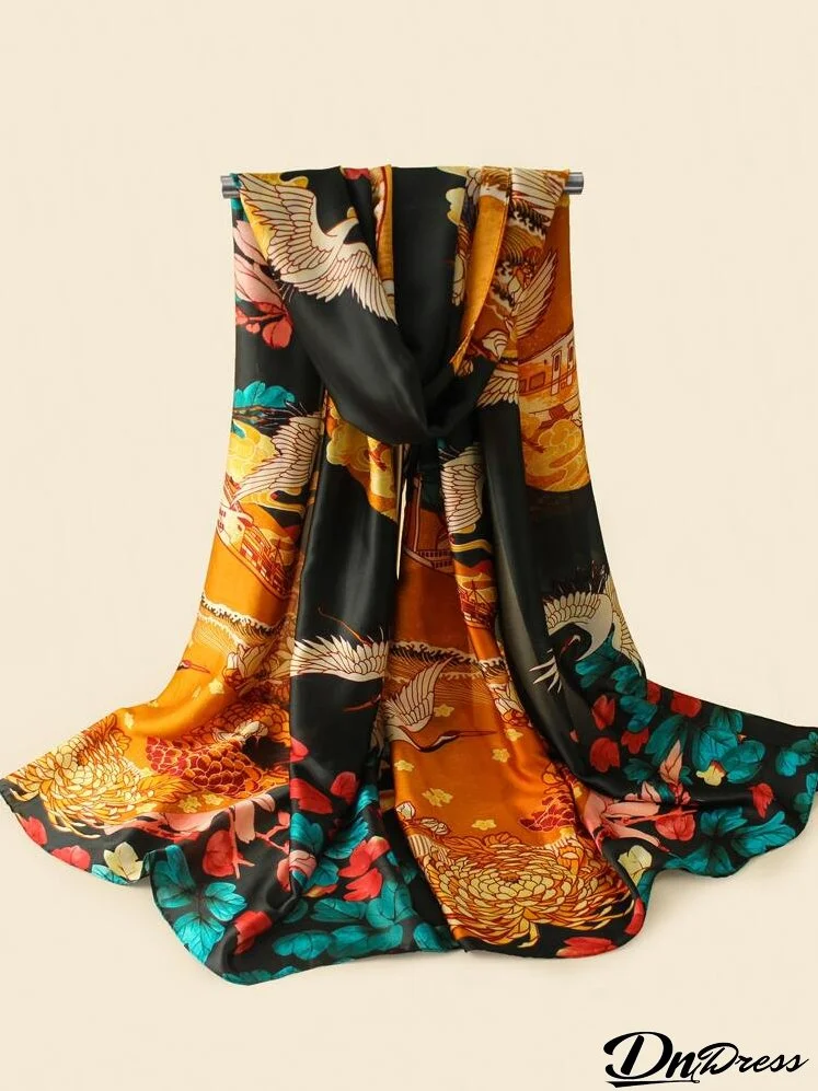 White Crane & Flower Pattern Scarf