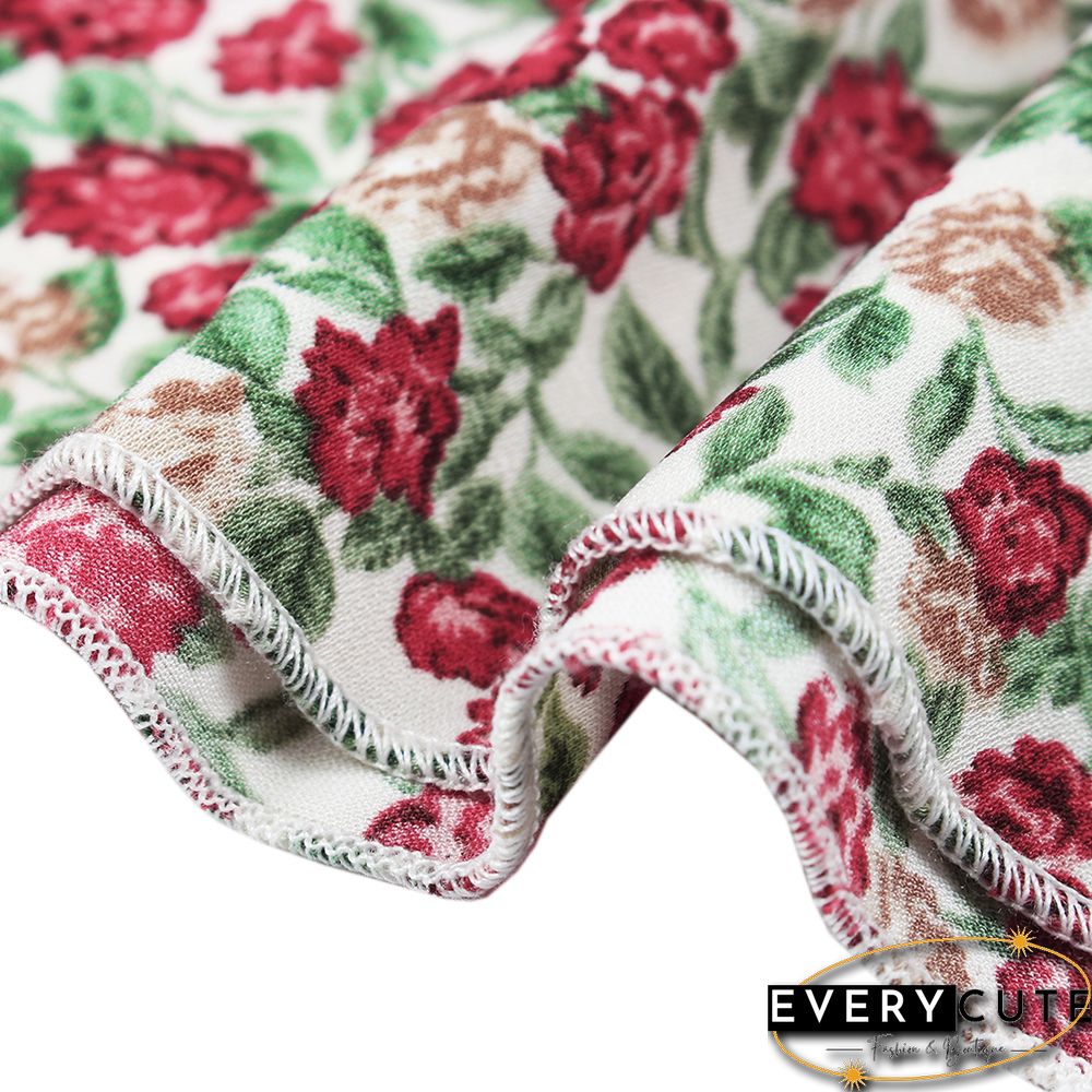 Pink Floral Print Lace-up Long Sleeve Dress