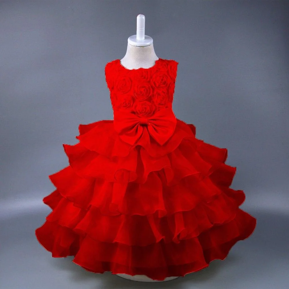 Exquisite Flower Girl Elegant Clothing Western Fluffy Layered Princess Wedding Children's Dress Bow Cute Customer