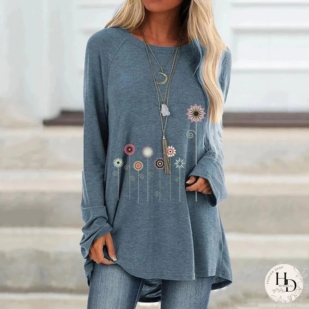 Women Flowers Printed Casual Round Neck Long Sleeves Plus Size Cotton T-Shirt Loose Pullover Autumn Blouse