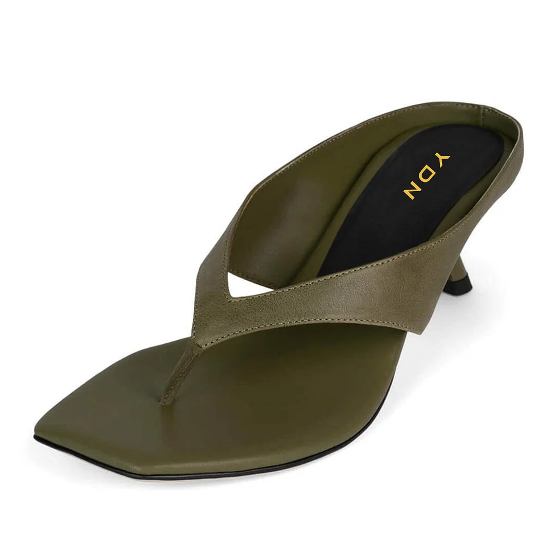 YDN Simple Olive Vegan Leather Spool Heel Open Toe Mules Sandals