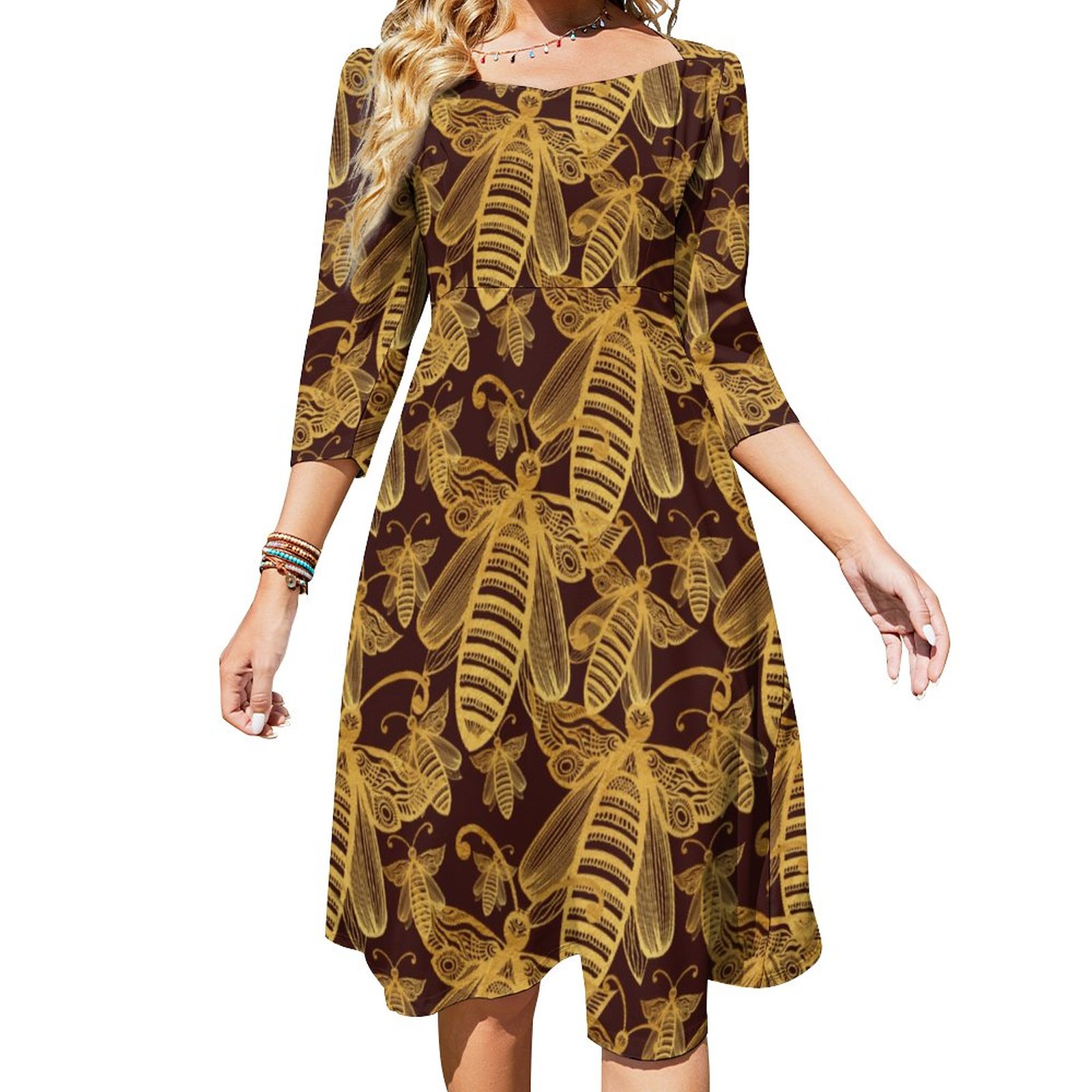 Boho Bee Swarm Chic Pattern Gold On Brown Dress Sweetheart Tie Back Flared 3/4 Sleeve Midi Dresses