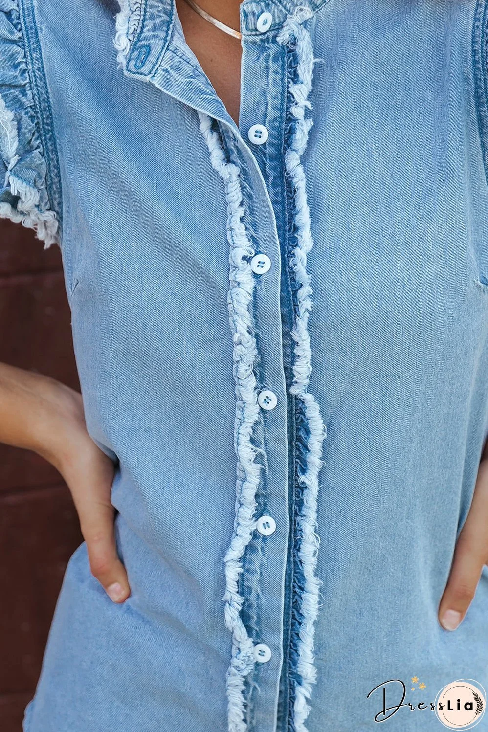 Button Front Frayed Denim Top
